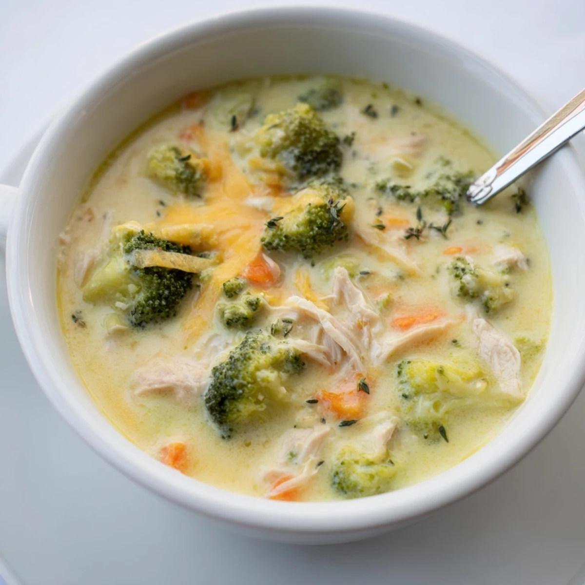 Creamy chicken broccoli cheddar soup in a rustic bowl, topped with extra shredded cheddar and fresh herbs.