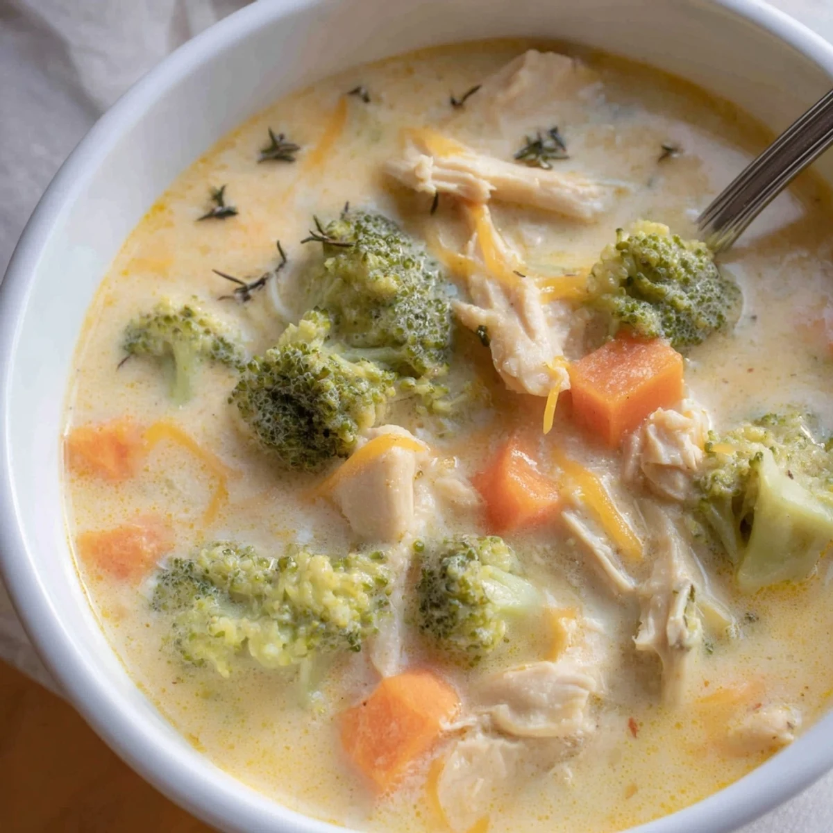 Comforting American chicken broccoli cheddar soup served with crusty bread, perfect for chilly weeknight dinners.
