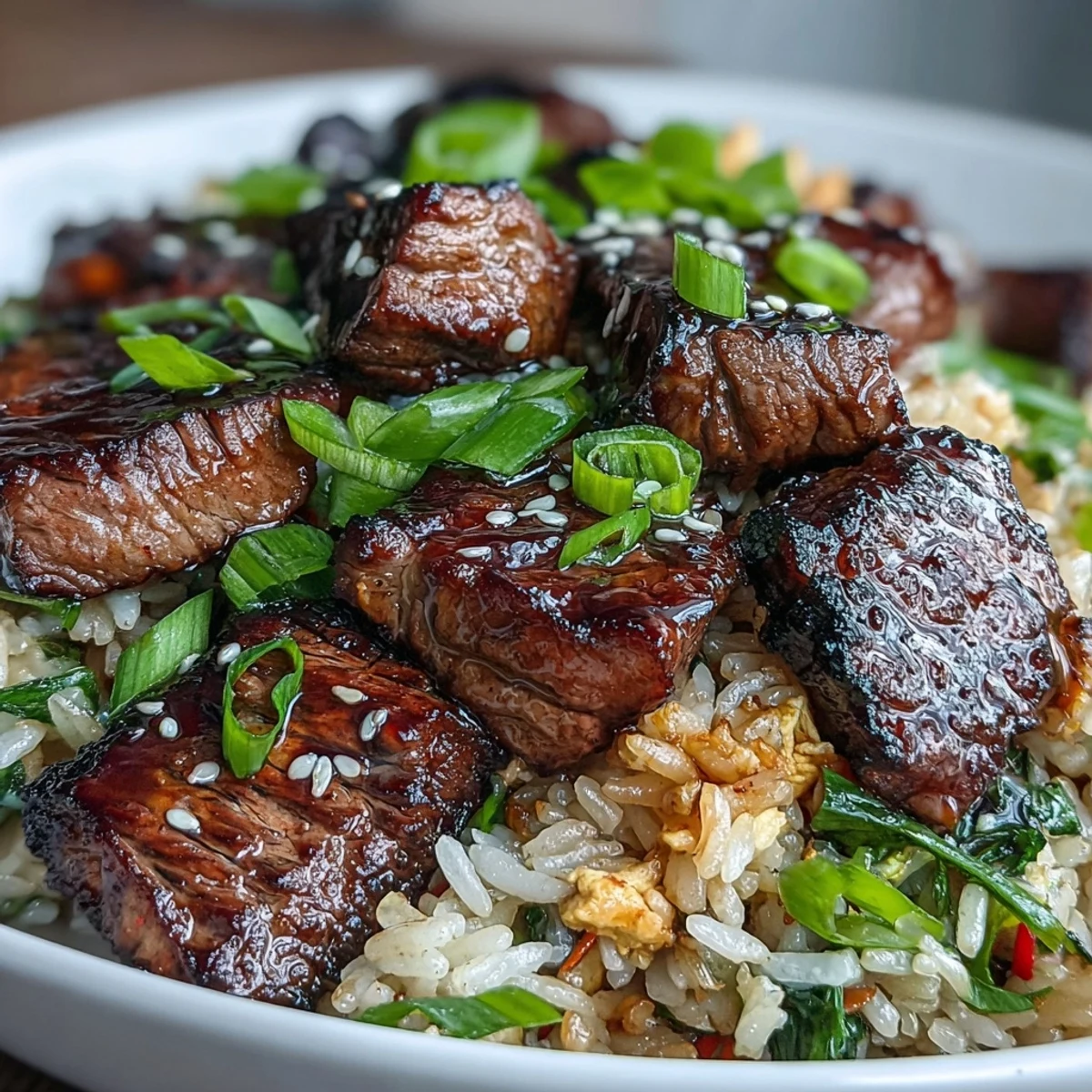 Sizzling cubes of marinated steak s in a skillet next to colorful vegetables and fluffy jasmine rice for Easy Hibachi Steak With Fried Rice.