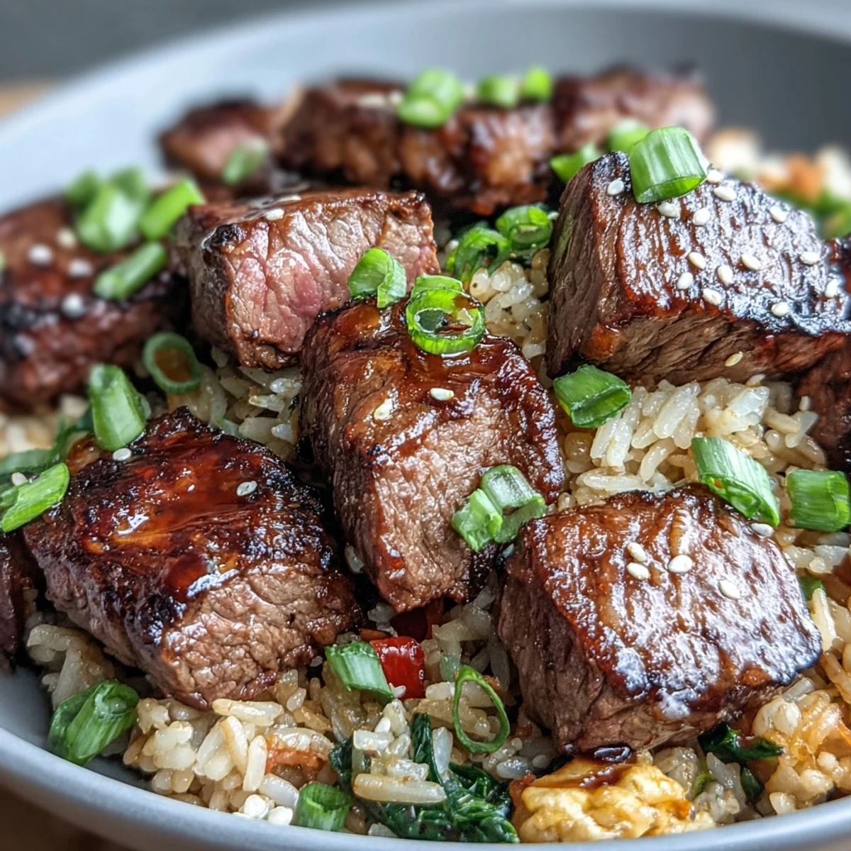 A hearty weeknight plate of Easy Hibachi Steak With Fried Rice, featuring tender beef, peas, carrots, and zucchini mixed into golden rice.