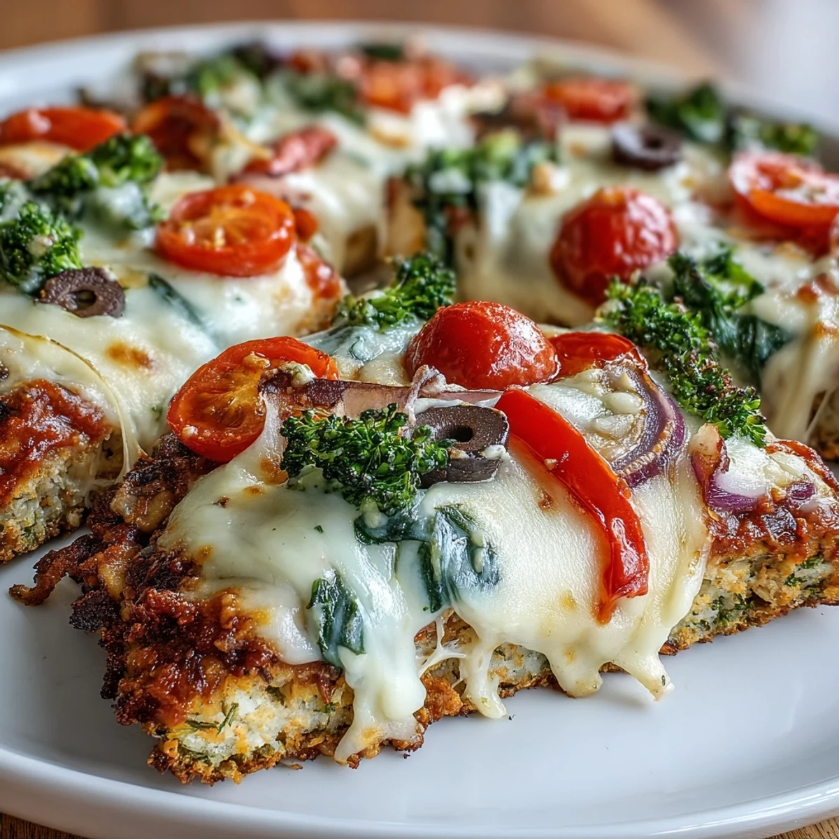 Low-carb Broccoli Chicken Crust Pizza looks delicious baked hot with vibrant, savory toppings.