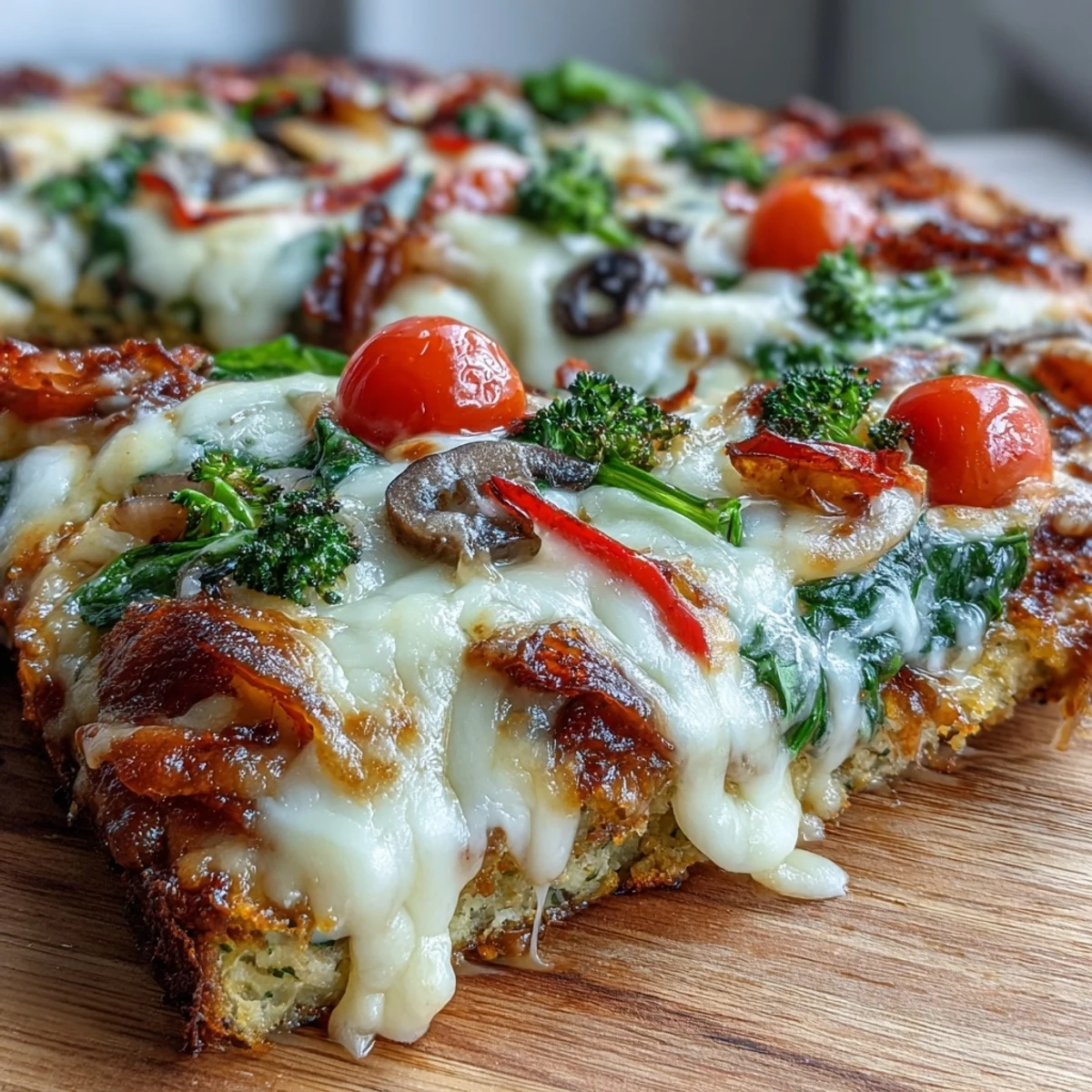 Golden Broccoli Chicken Crust Pizza loaded with colorful fresh vegetables and melted cheese.