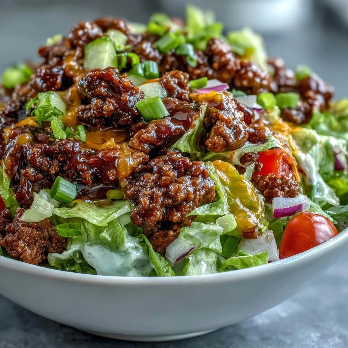 Gluten-free Easy Big Mac in a Bowl with colorful vegetables and special sauce on a plate, perfect for a quick low-carb weeknight dinner.  