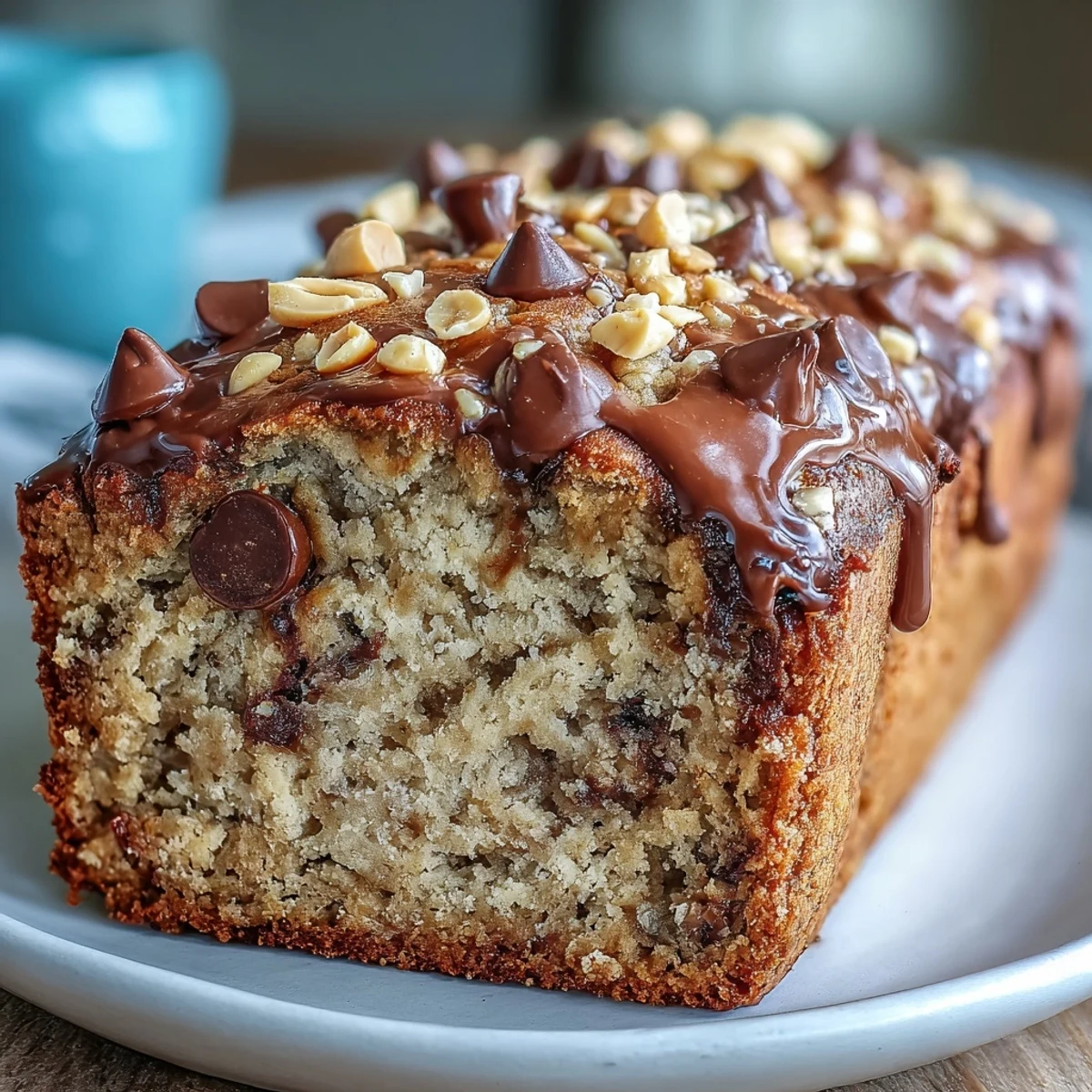 Moist Chocolate Chip Peanut Butter Oatmeal Banana Bread studded with melty chocolate.