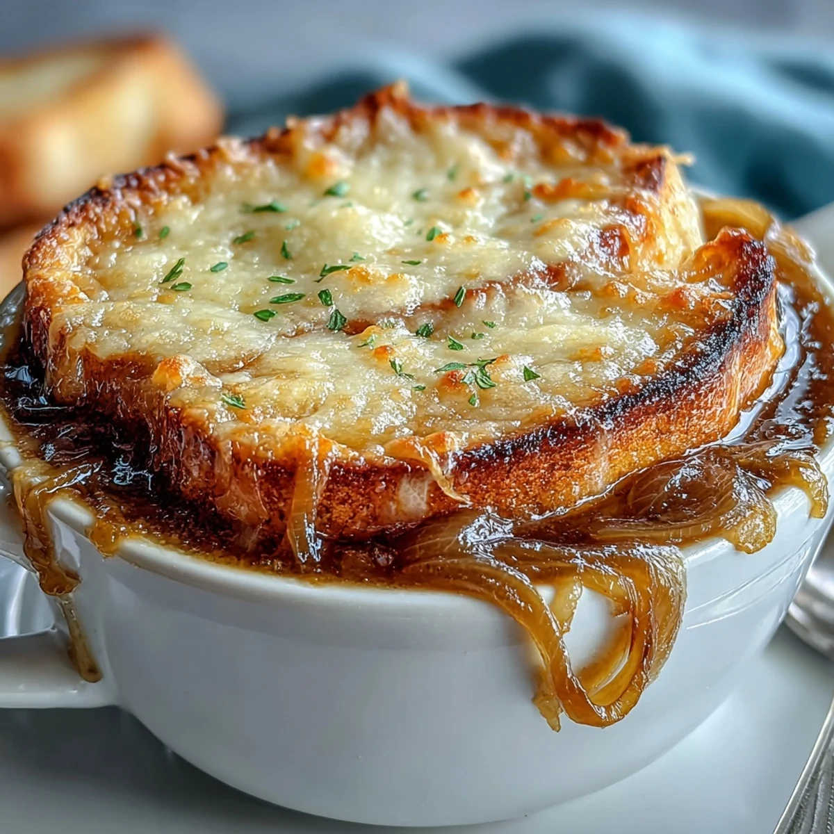 A close-up of Classic French Onion Soup in a rustic bowl, featuring deep brown caramelized onions swimming in rich golden broth, topped with a toasted baguette slice and a thick, bubbly layer of melted Gruyère cheese.