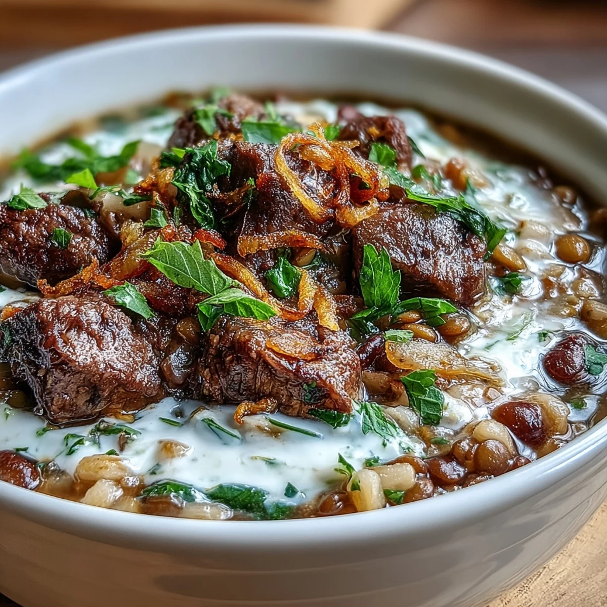The finished Beef Barley Soup steams in a rustic bowl, topped with crispy mint-fried onions and a swirl of sour cream.