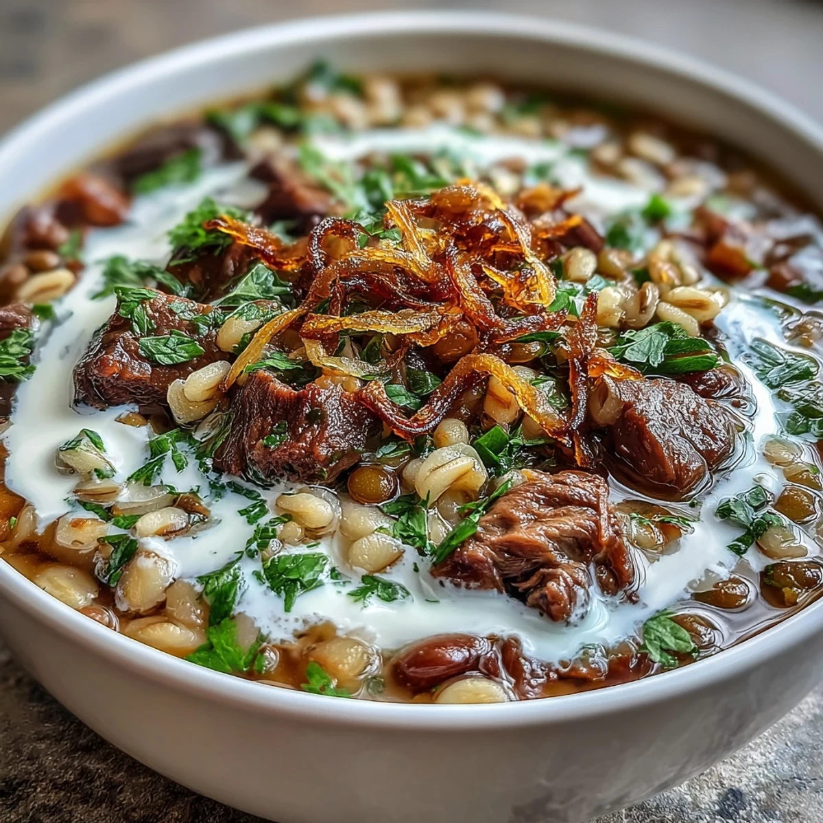 Close-up of hearty Persian-inspired Beef Barley Soup garnished with fresh herbs and mint-fried onions in a ceramic bowl.