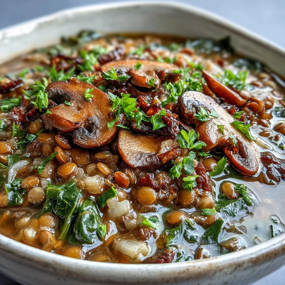 A hearty Double Lentil and Mushroom Barley Soup ladle shows red lentils, barley, and diced carrots.