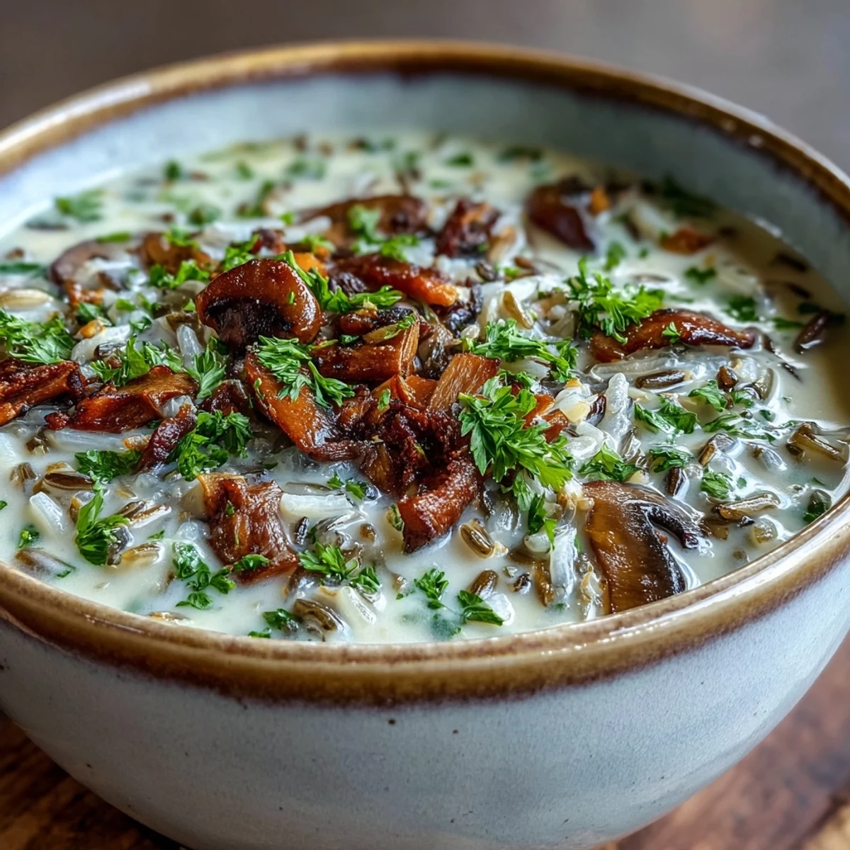 Creamy Wild Rice Mushroom Soup with parsley garnish and a rustic spoon, served in a ceramic bowl.
