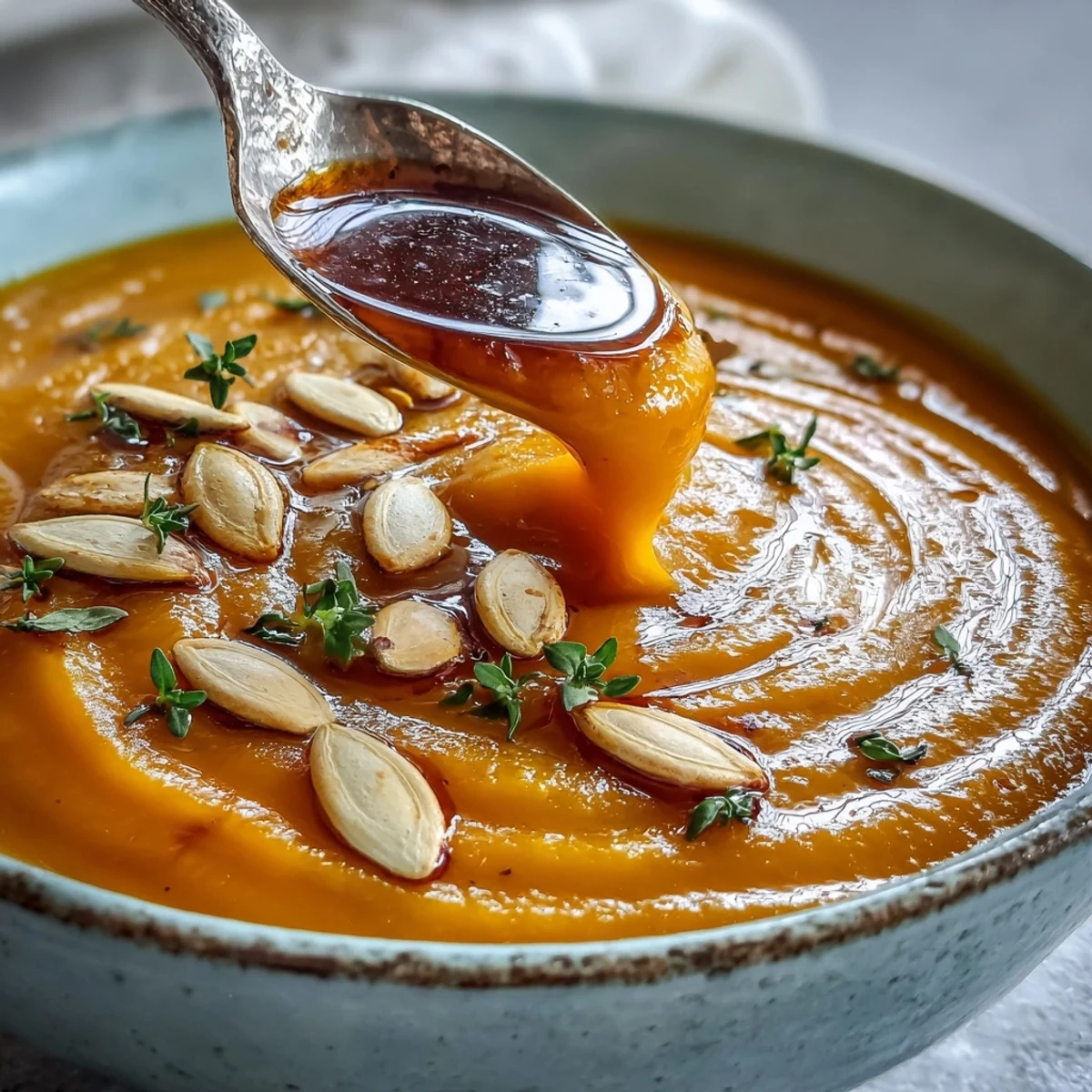A warm bowl of homemade Butternut Squash Soup, garnished with pumpkin seeds and thyme, served with crusty bread.  