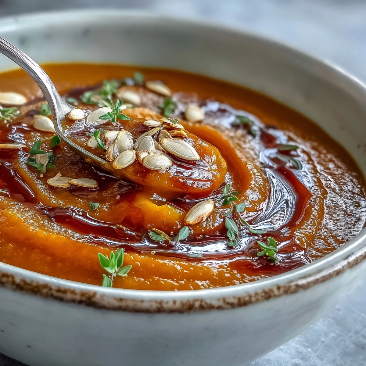 Golden-roasted Butternut Squash Soup in a white bowl, topped with pumpkin seeds and a maple syrup drizzle.