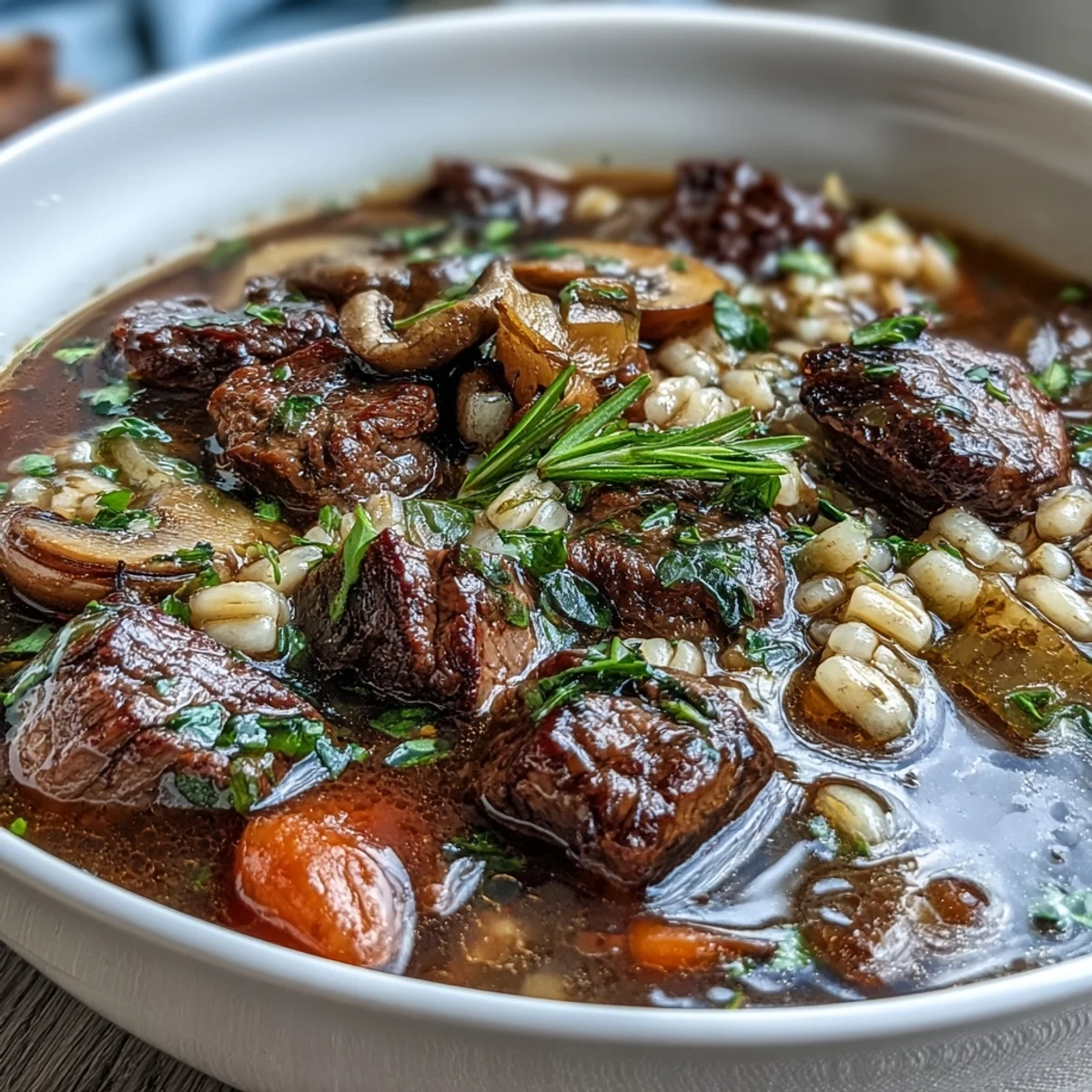 Rustic Beef and Barley Soup served hot alongside crusty bread for dipping.