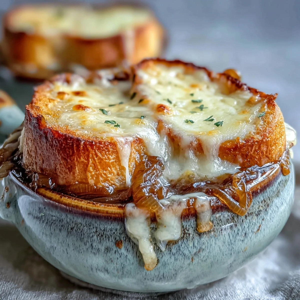 A steaming bowl of French Onion Soup, featuring deeply caramelized onions topped with a golden, bubbly layer of melted Gruyère cheese on a toasted baguette slice.