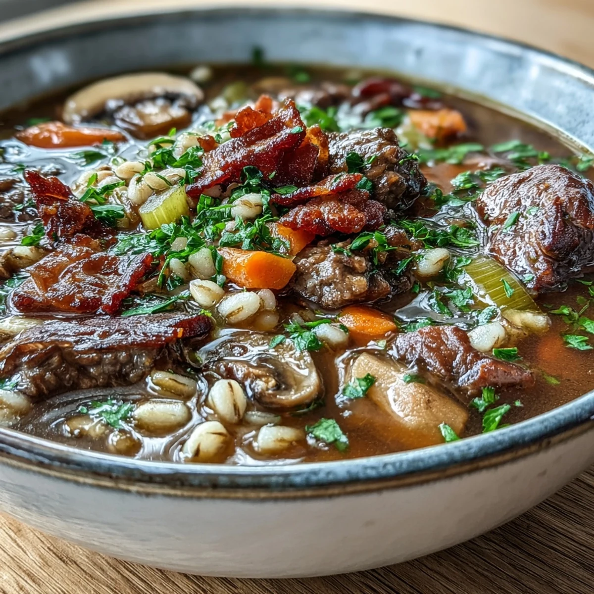 Tender beef chuck and sautéed baby bella mushrooms swim in a rich, herb-infused barley broth.