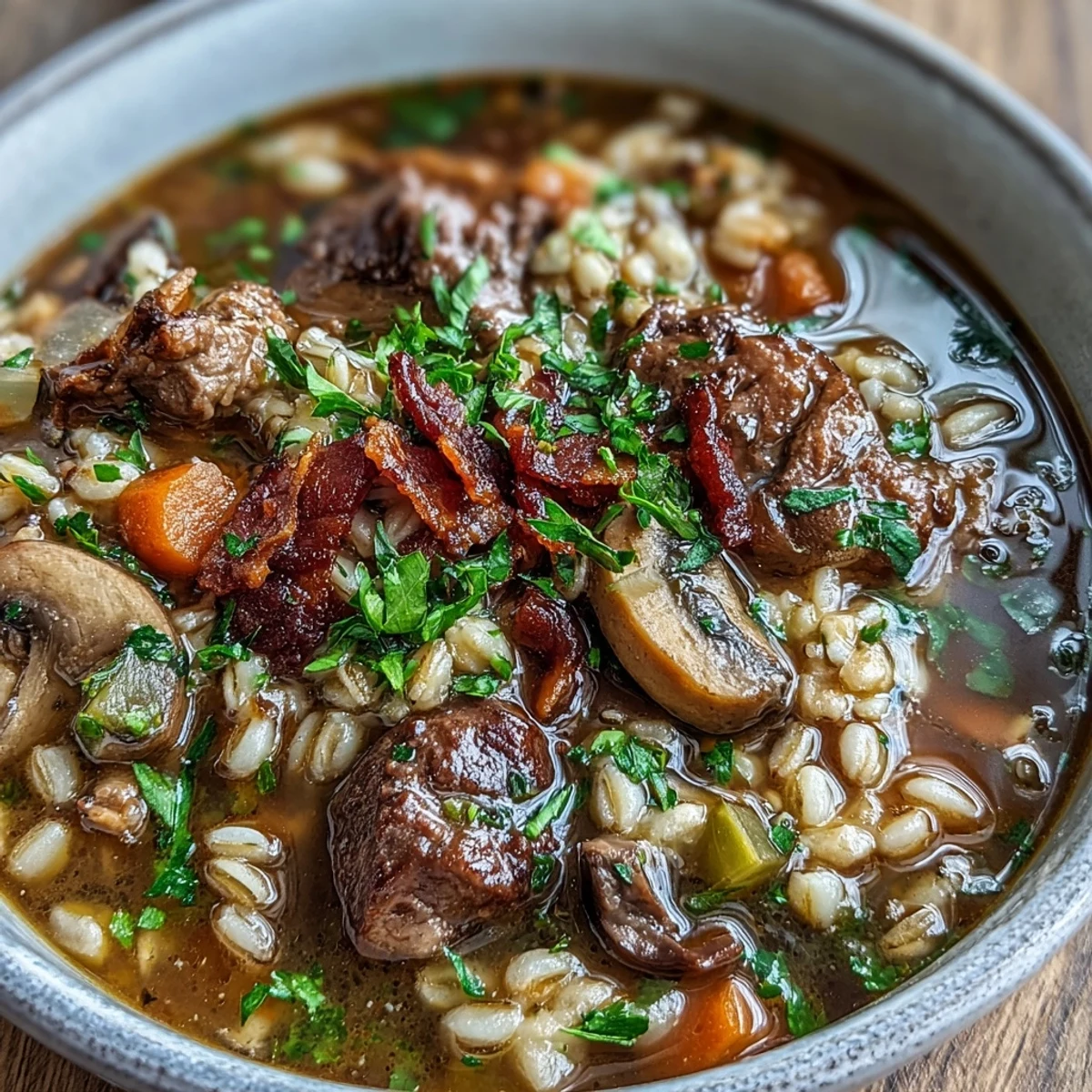 Steaming beef and barley soup with mushrooms served in a rustic white bowl with a chunk of crusty bread.