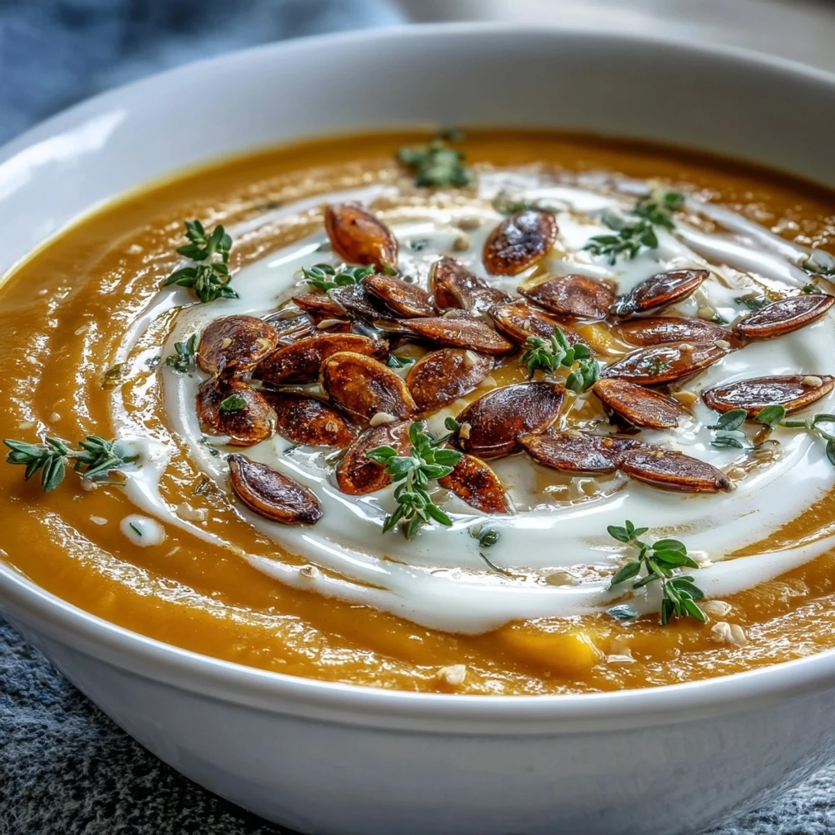 Creamy Roasted Butternut Squash Soup served hot in a rustic mug, garnished with fresh thyme for a cozy flavor.