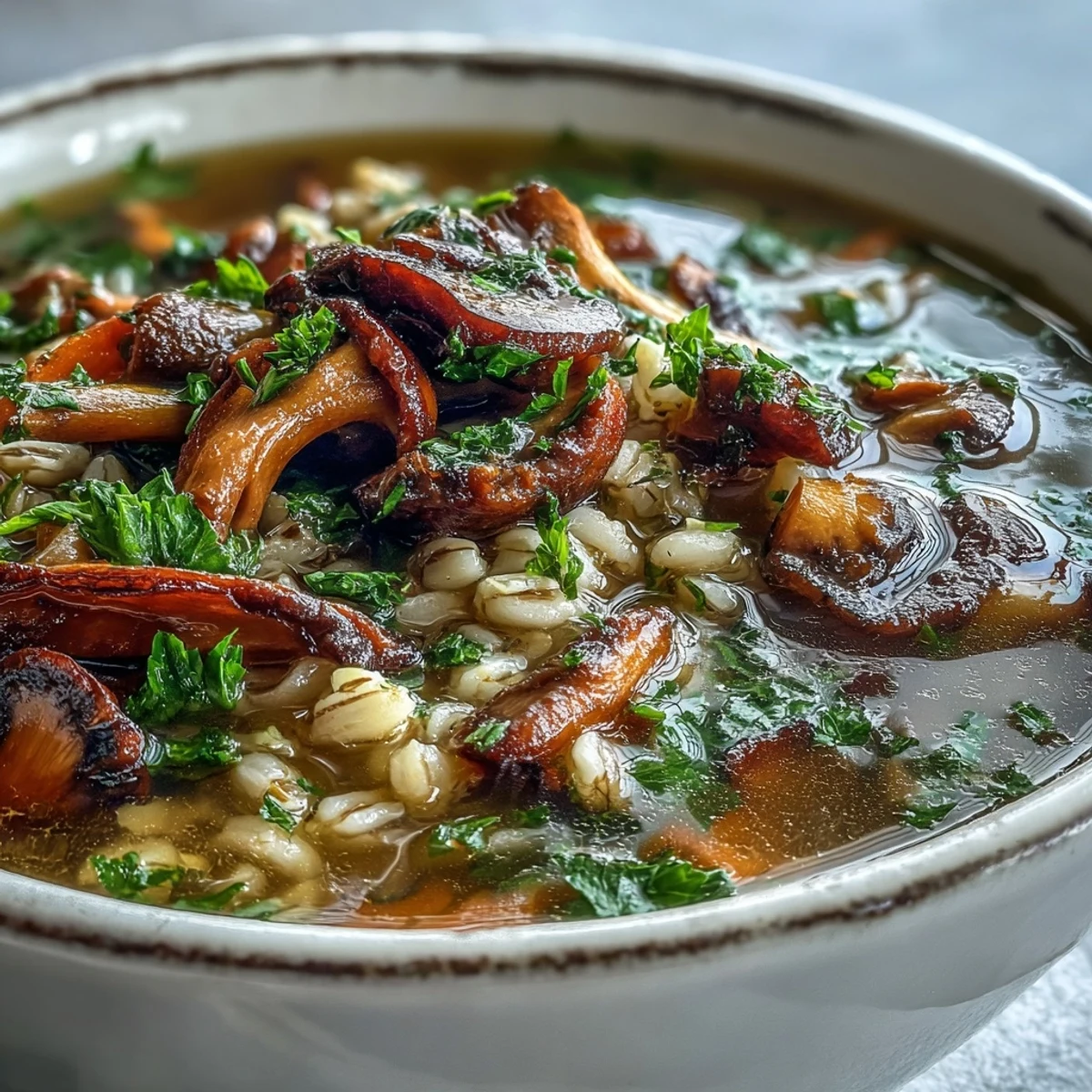 A steaming bowl of homemade mushroom barley soup with tender vegetables, garnished with fresh parsley.