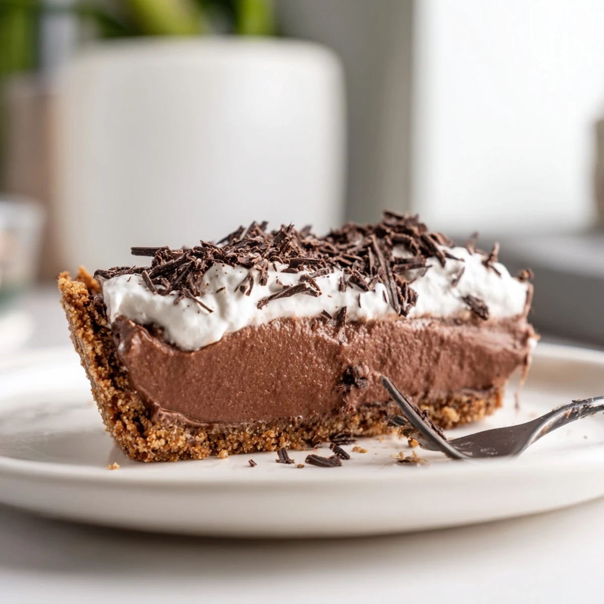 A slice of Lighter Chocolate Cottage Cheese Cheesecake on a white plate, topped with a dollop of Greek yogurt and dark chocolate shavings for serving.  