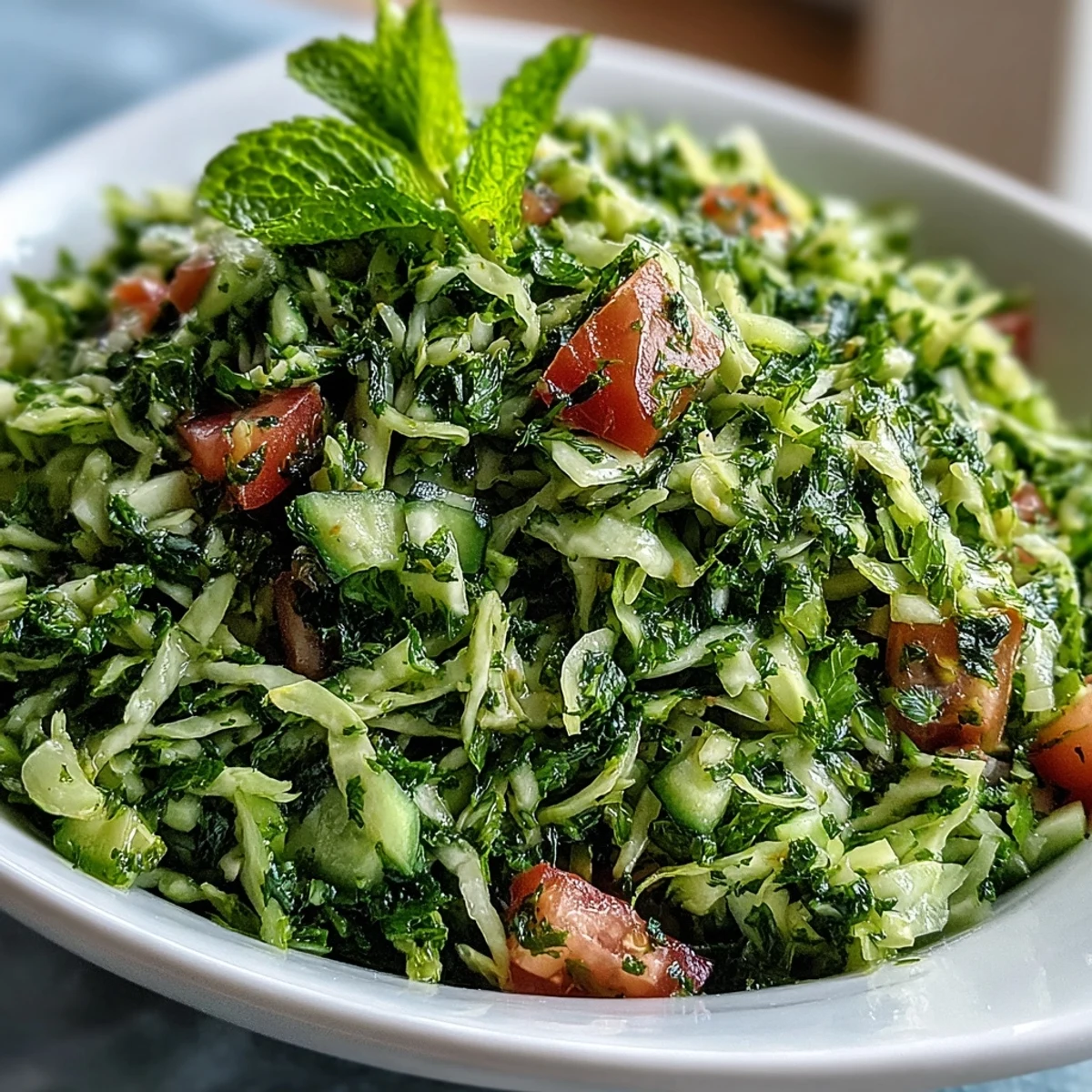 Bright, fresh Lebanese Cabbage Salad in a white bowl, featuring finely shredded cabbage, diced tomatoes, cucumber, and fresh herbs, tossed in a zesty lemon dressing for a crisp, vegan side dish.