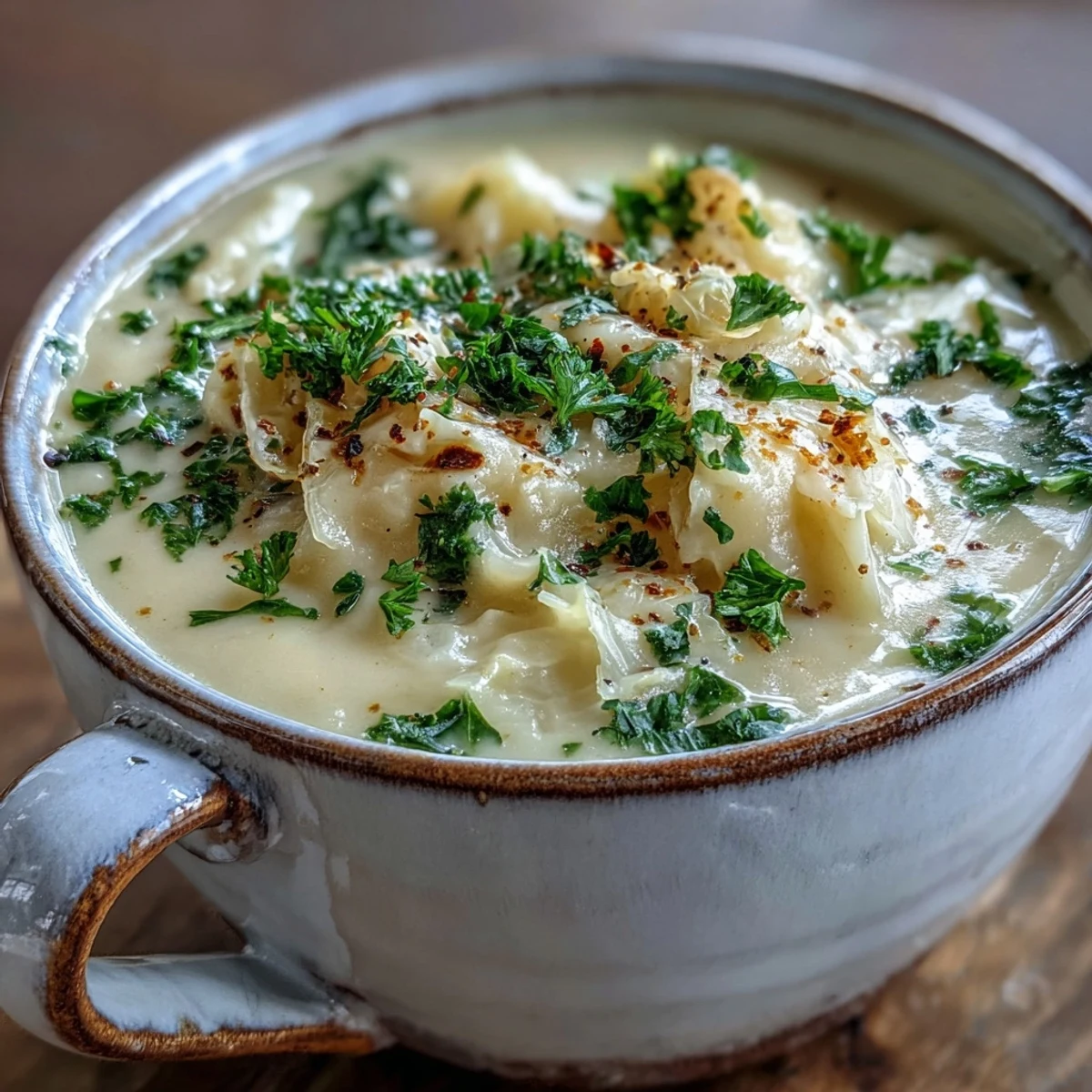 Creamy Potato Soup with Cabbage in a rustic bowl, garnished with fresh parsley and paired with crusty bread.