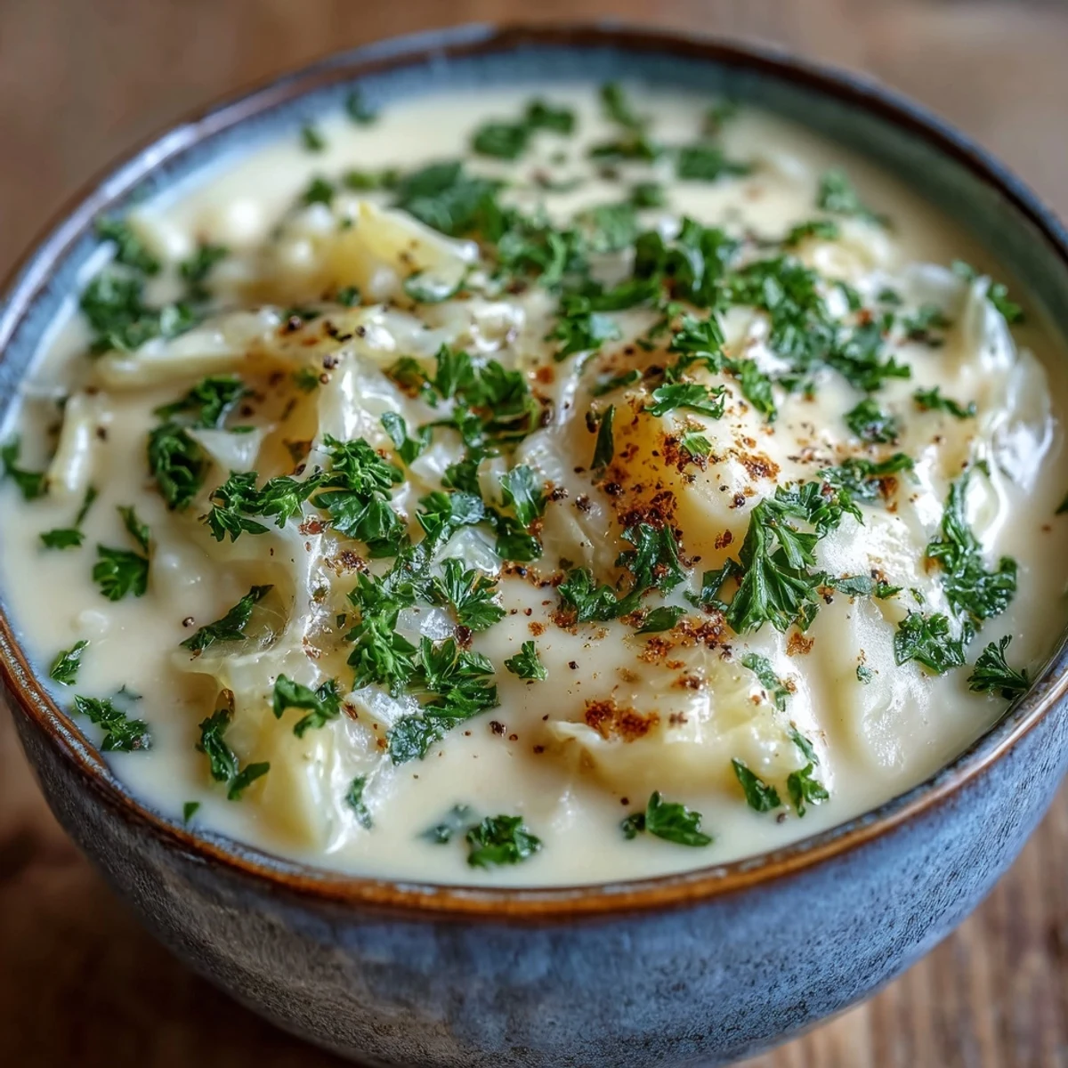 Velvety Creamy Potato Soup with Cabbage steaming in a white bowl, with a spoon ready for a cozy meal.