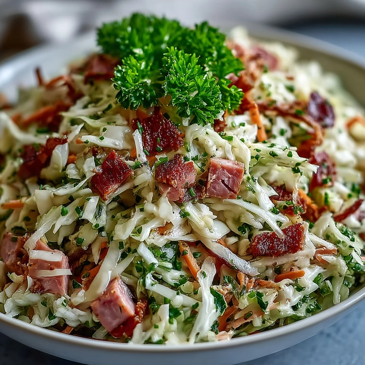 Freshly tossed German Cabbage Coleslaw with Shredded Ham, featuring crisp green and red cabbage with shredded carrots in a tangy dressing.