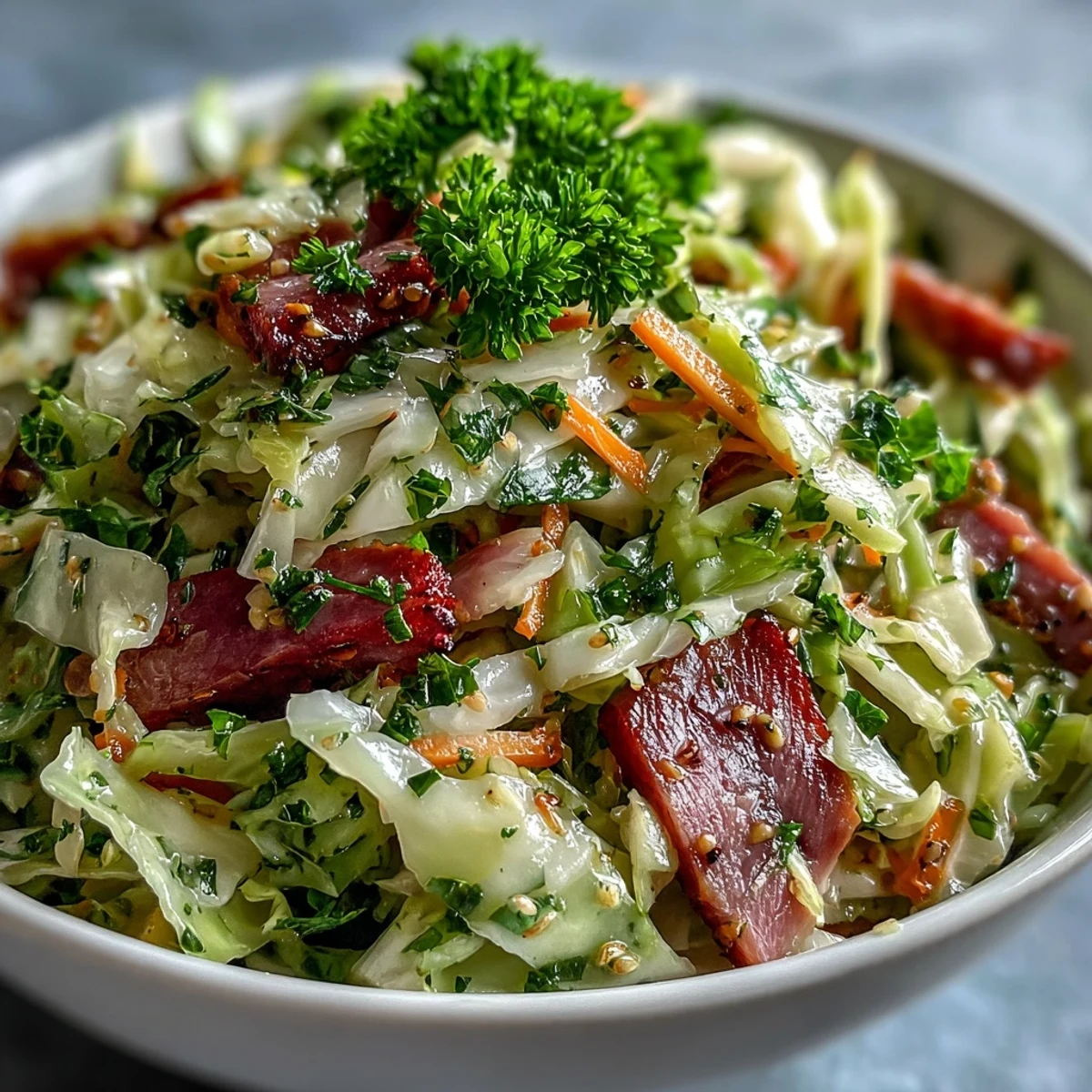 Close-up of German Cabbage Coleslaw with Shredded Ham, showing shredded smoked ham mixed with crunchy cabbage and apple cider vinegar dressing.
