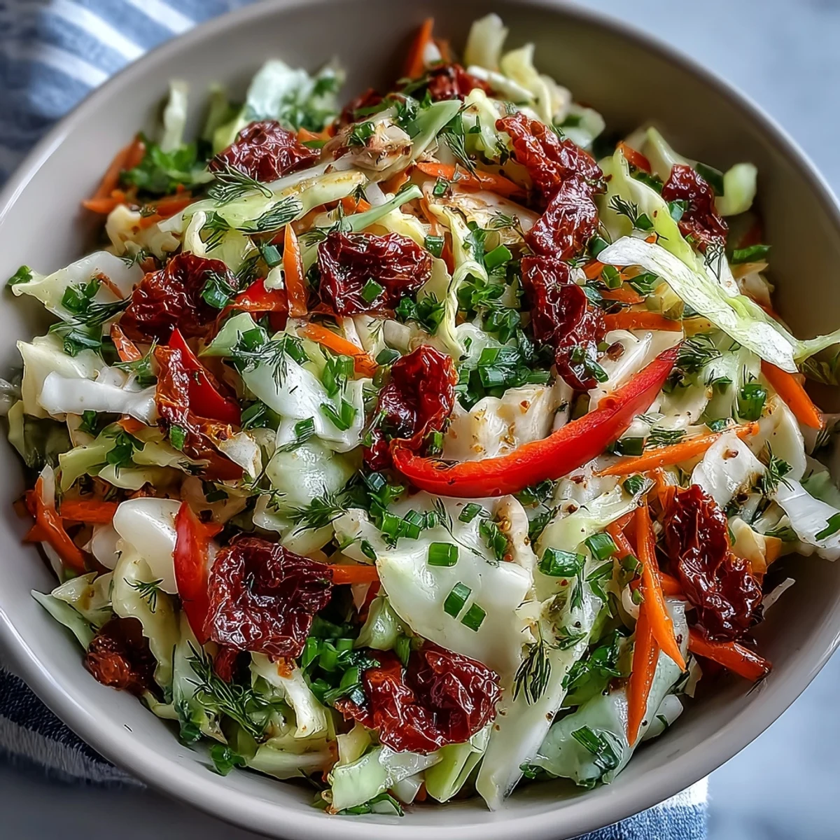Hearty cabbage salad with sun-dried tomatoes, crisp veggies, and fresh herbs, served as a refreshing side or light lunch.