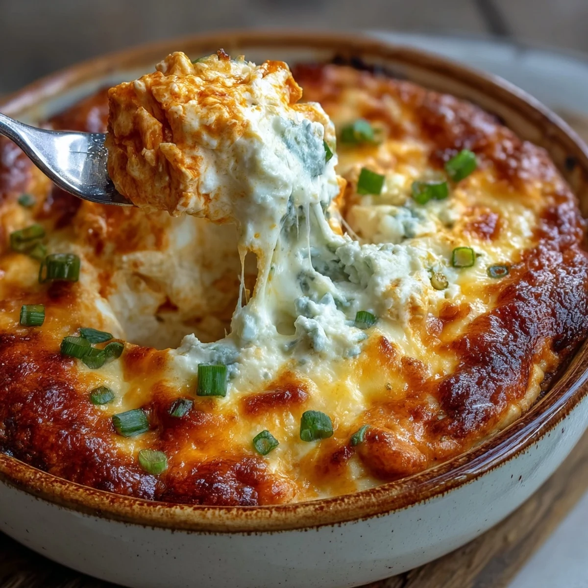 A rustic serving of Buffalo Chicken Dip paired with crisp celery sticks, ready for game day snacking and sharing.