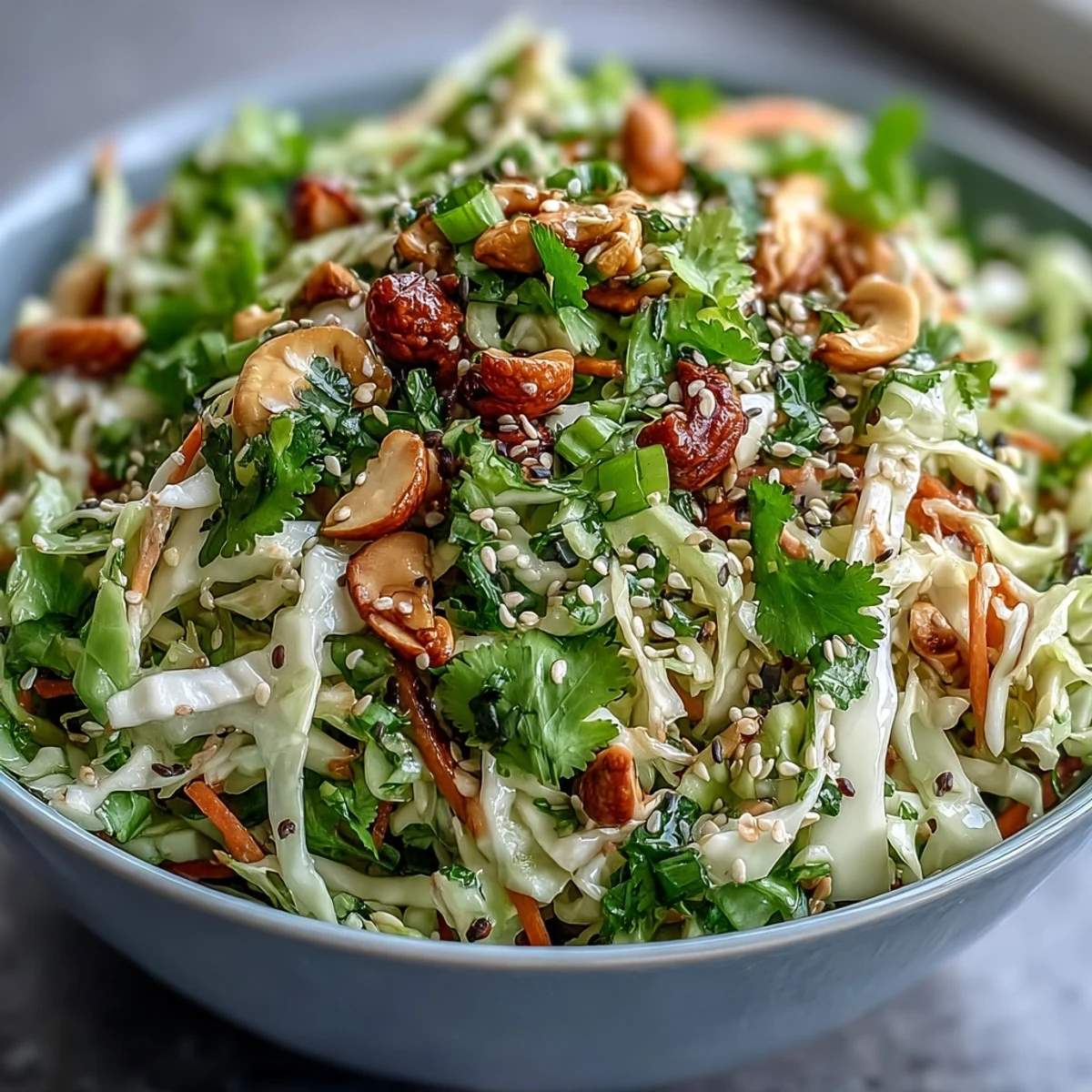 A vibrant bowl of Asian Cabbage Salad featuring crisp green and red cabbage tossed in a sesame-ginger dressing, topped with chopped peanuts and sesame seeds.