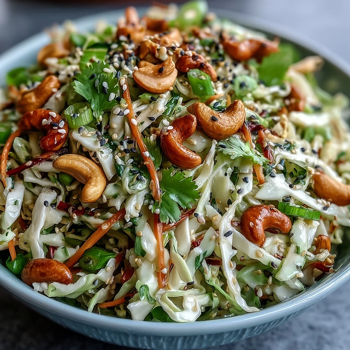 Close-up view of fresh Asian Cabbage Salad with julienned carrots and green onions, showcasing the glossy dressing and toasted sesame seed garnish.