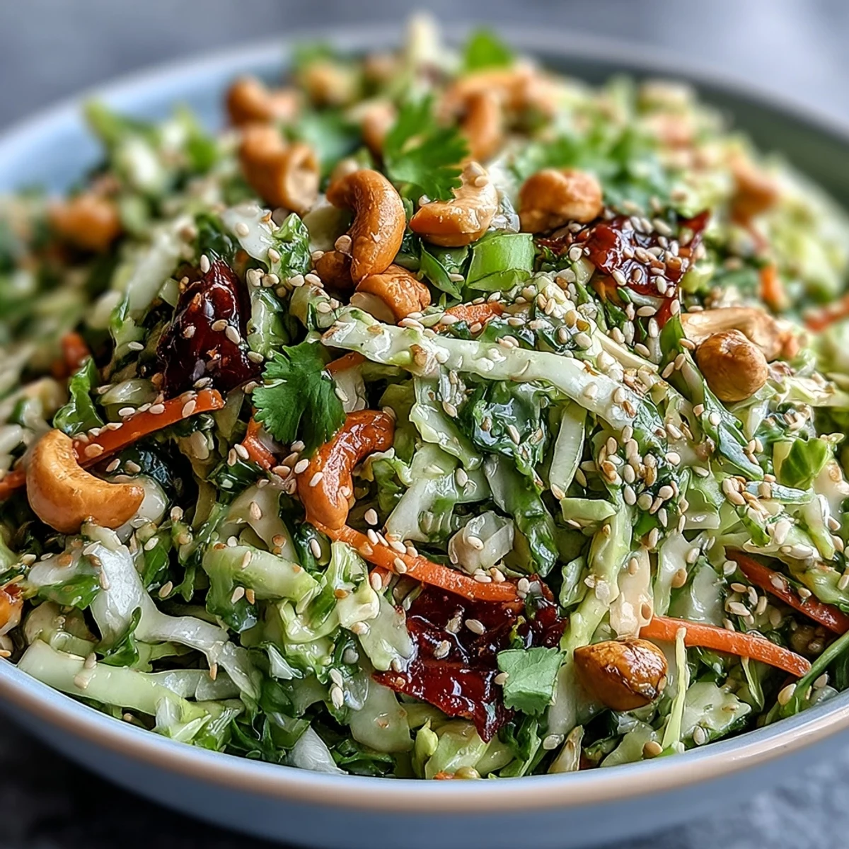 Healthy serving of Asian Cabbage Salad on a plate, perfect as a crunchy side dish for grilled chicken or a light vegan meal.
