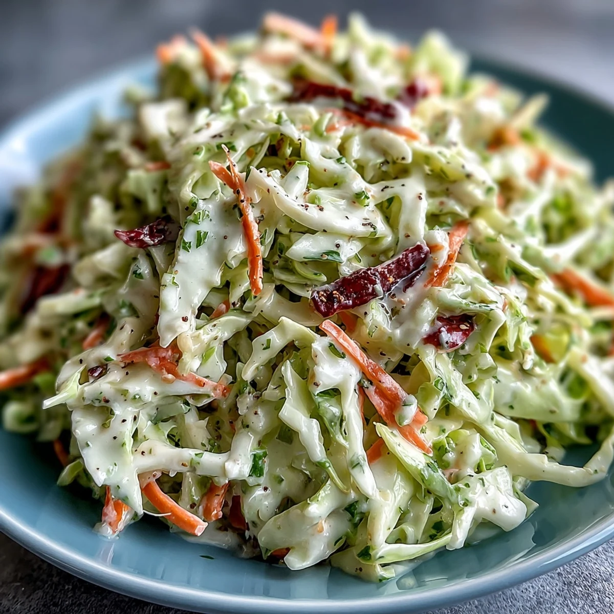 Close-up of Coleslaw With Creamy Dressing showing juicy cabbage and carrots glistening in a rich, homemade mayonnaise-based sauce.