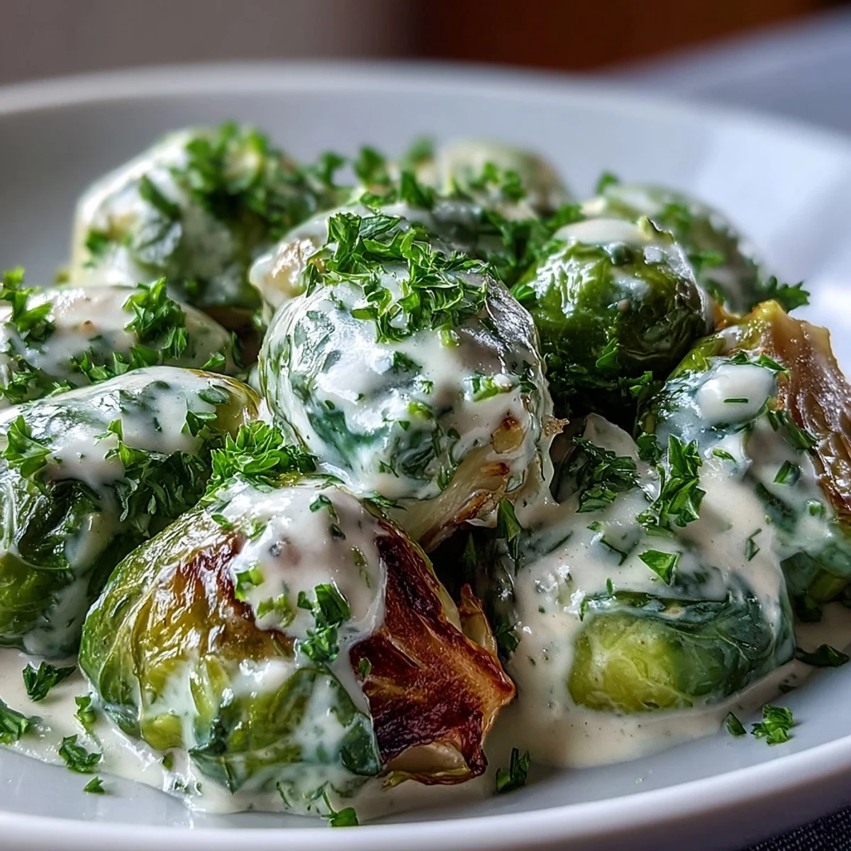 Freshly cooked Brussels sprouts are coated in a velvety cream cheese-Dijon mustard sauce, ready to be enjoyed as a creamy vegetarian side dish.