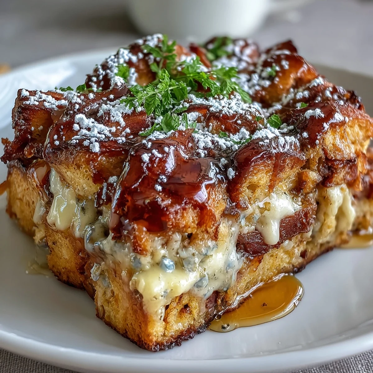 A close-up of a slice of Monte Cristo Breakfast Casserole revealing layers of ham, turkey, and Swiss cheese.