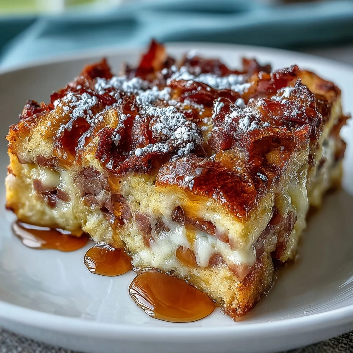 Golden-brown Monte Cristo Breakfast Casserole fresh from the oven, dusted with powdered sugar and ready for maple syrup.