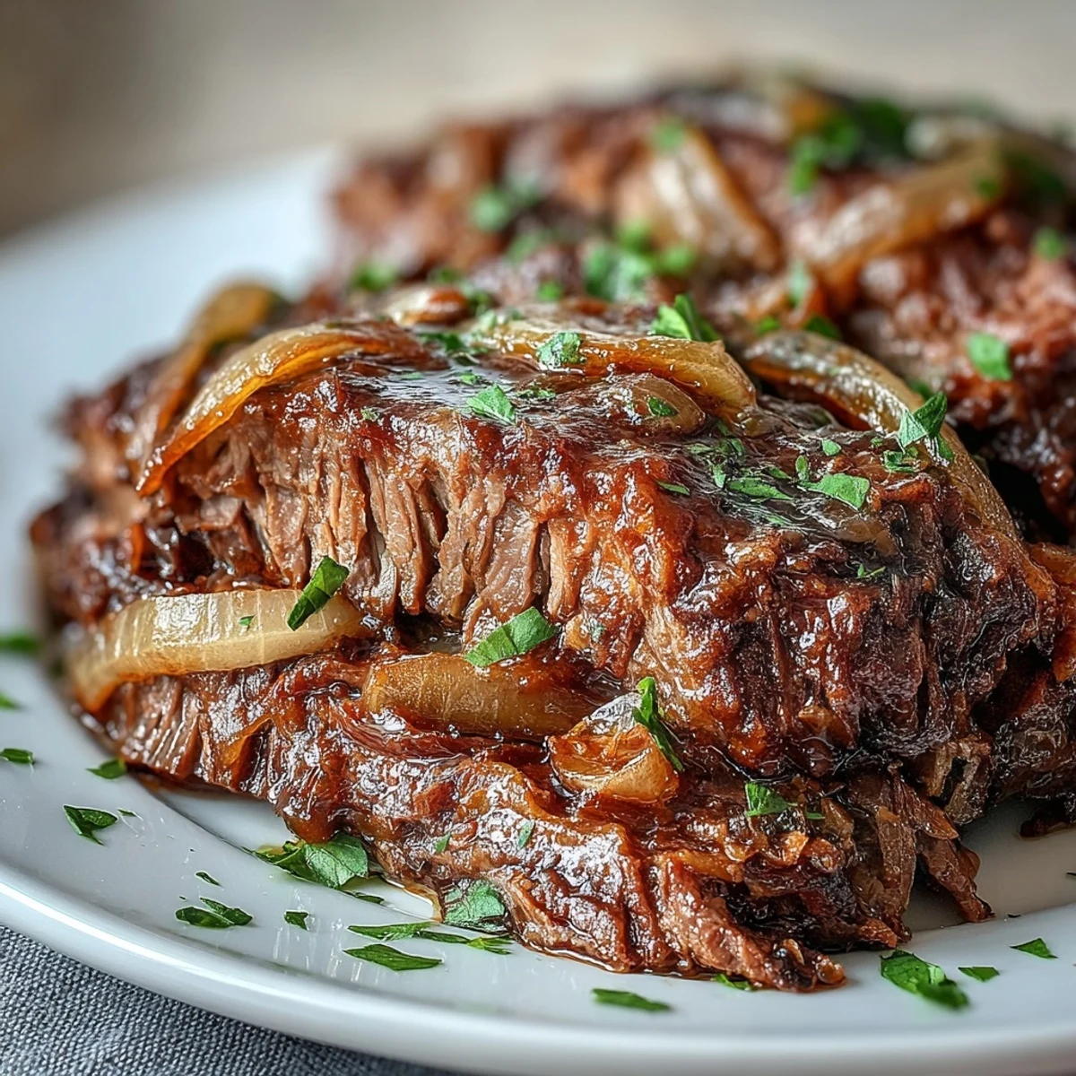 Fork-tender Savory Crock Pot French Onion Pot Roast served in a bowl with rich onion jus.