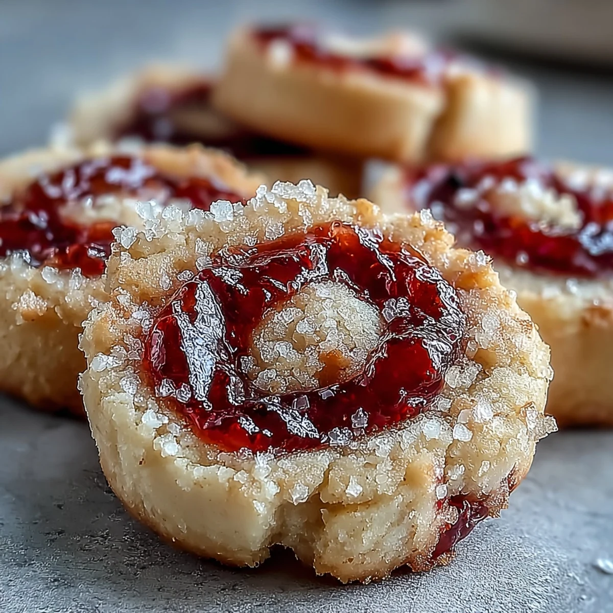 Golden Raspberry Swirl Shortbread Cookies are arranged on a wire rack with jam centers glistening in the sunlight.
