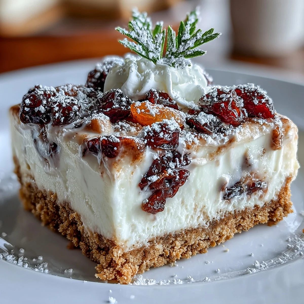 Festive Christmas Cheesecake Slab with spiced cream cheese and whipped cream topping, ready to slice. 
