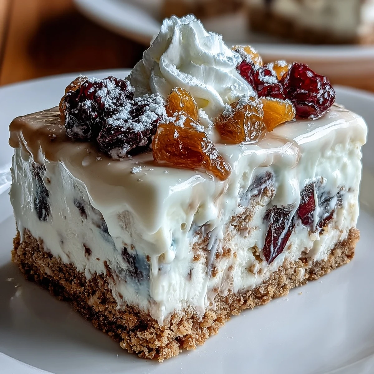Holiday Christmas Cheesecake Slab dusted with powdered sugar, perfect for festive dessert gatherings.