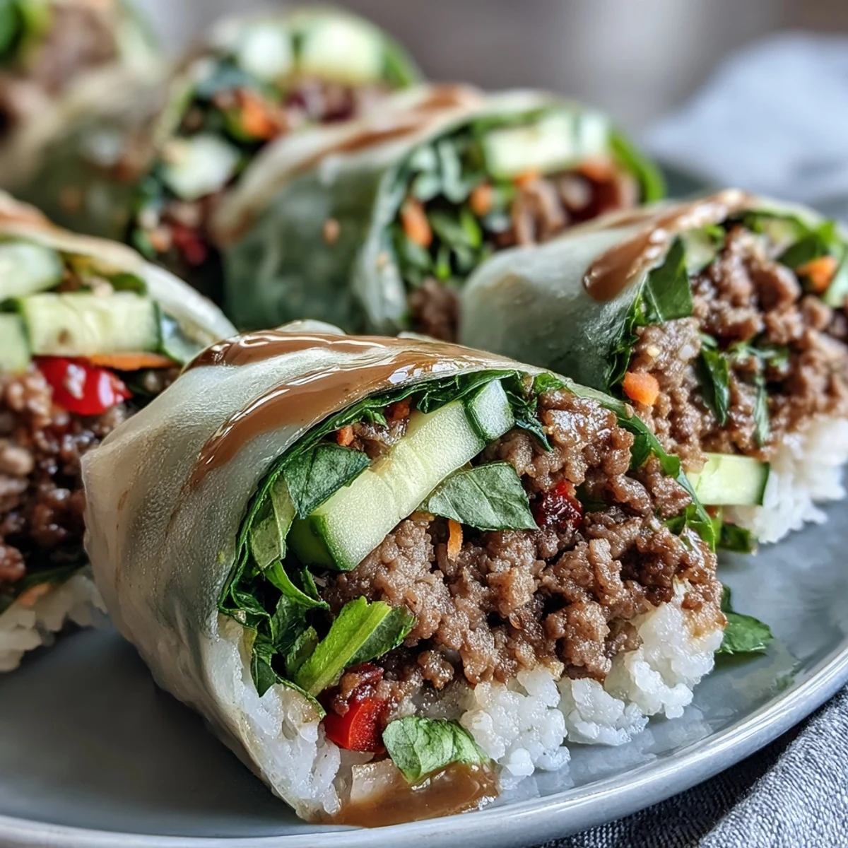 Close-up of Thai Basil Beef Rolls with sautéed beef, Thai basil, and crisp veggies wrapped in rice paper.