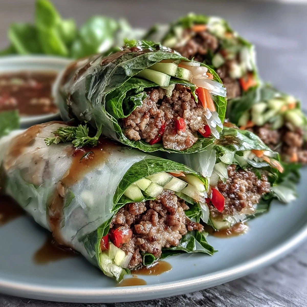 Thai Basil Beef Rolls cut in half to show the savory beef filling and herbs inside.