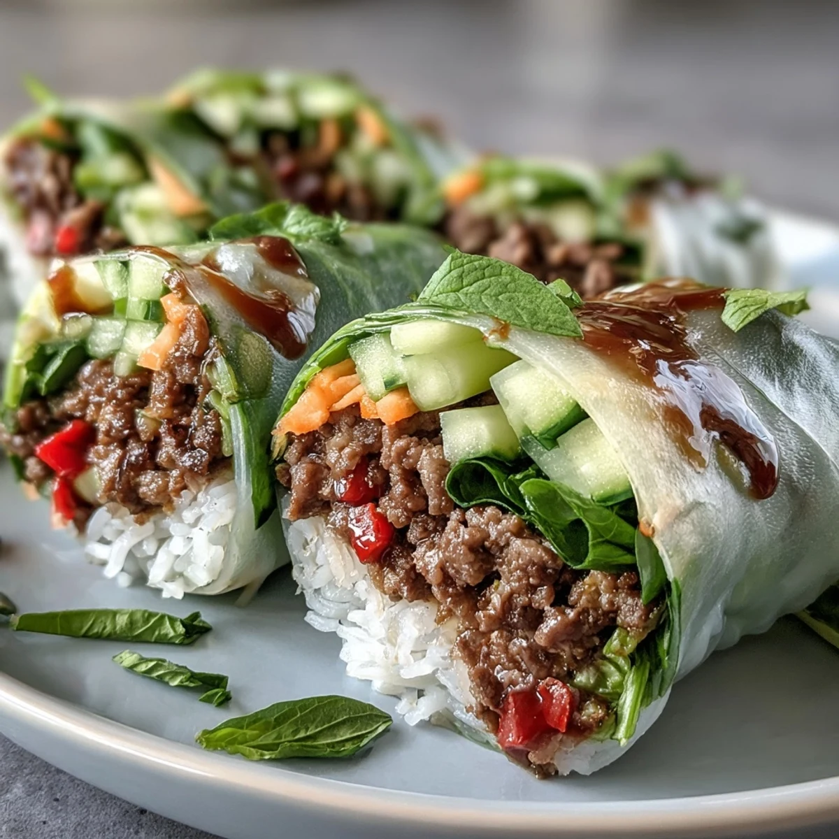 Freshly rolled Thai Basil Beef Rolls stacked on a platter, served with a spicy lime dipping sauce.