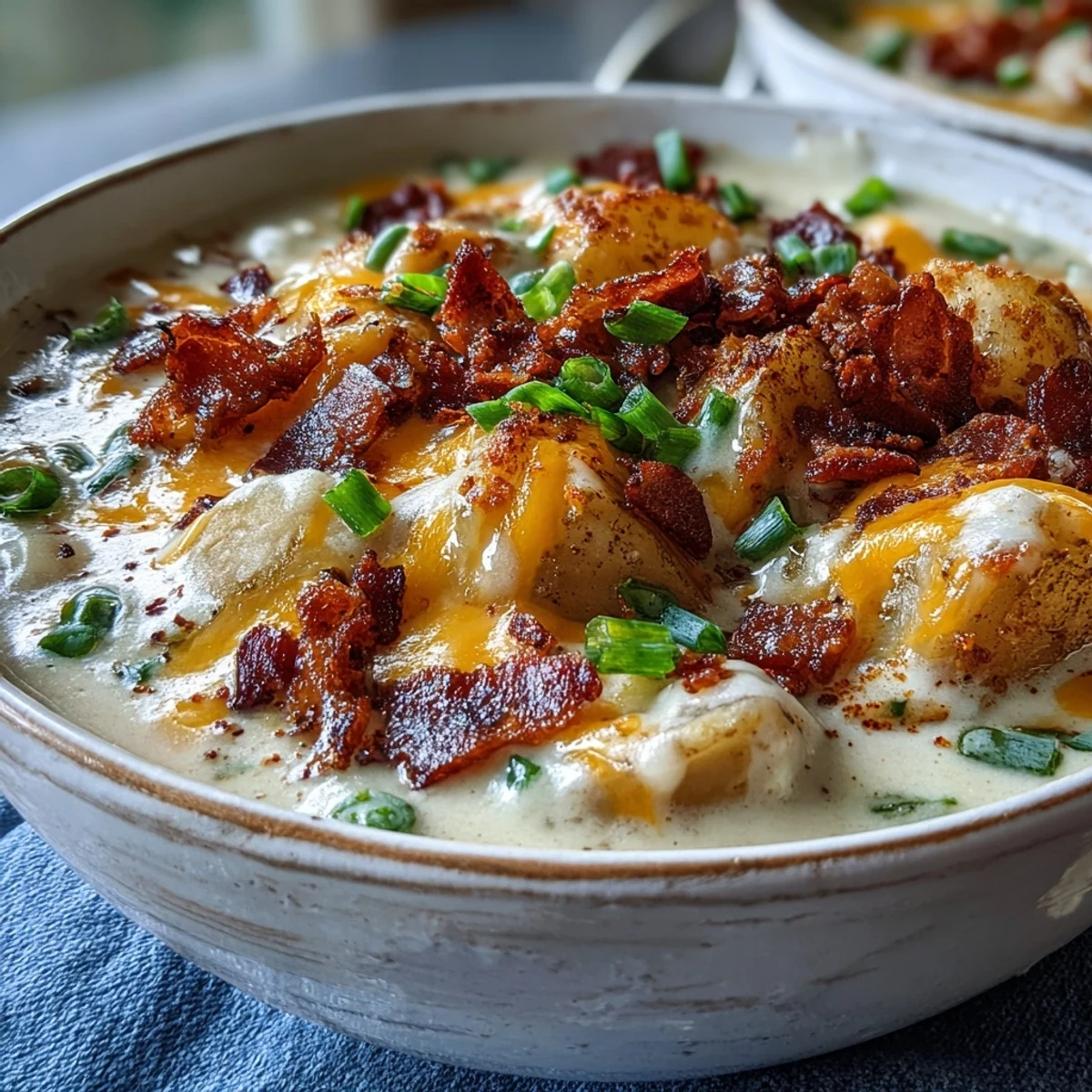 Creamy loaded potato soup with crispy bacon and melted cheddar, served in a cozy bowl.