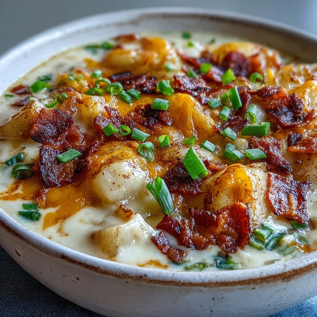 Hot loaded potato soup with velvety texture, cheddar, bacon crumbles, and rustic bread.
