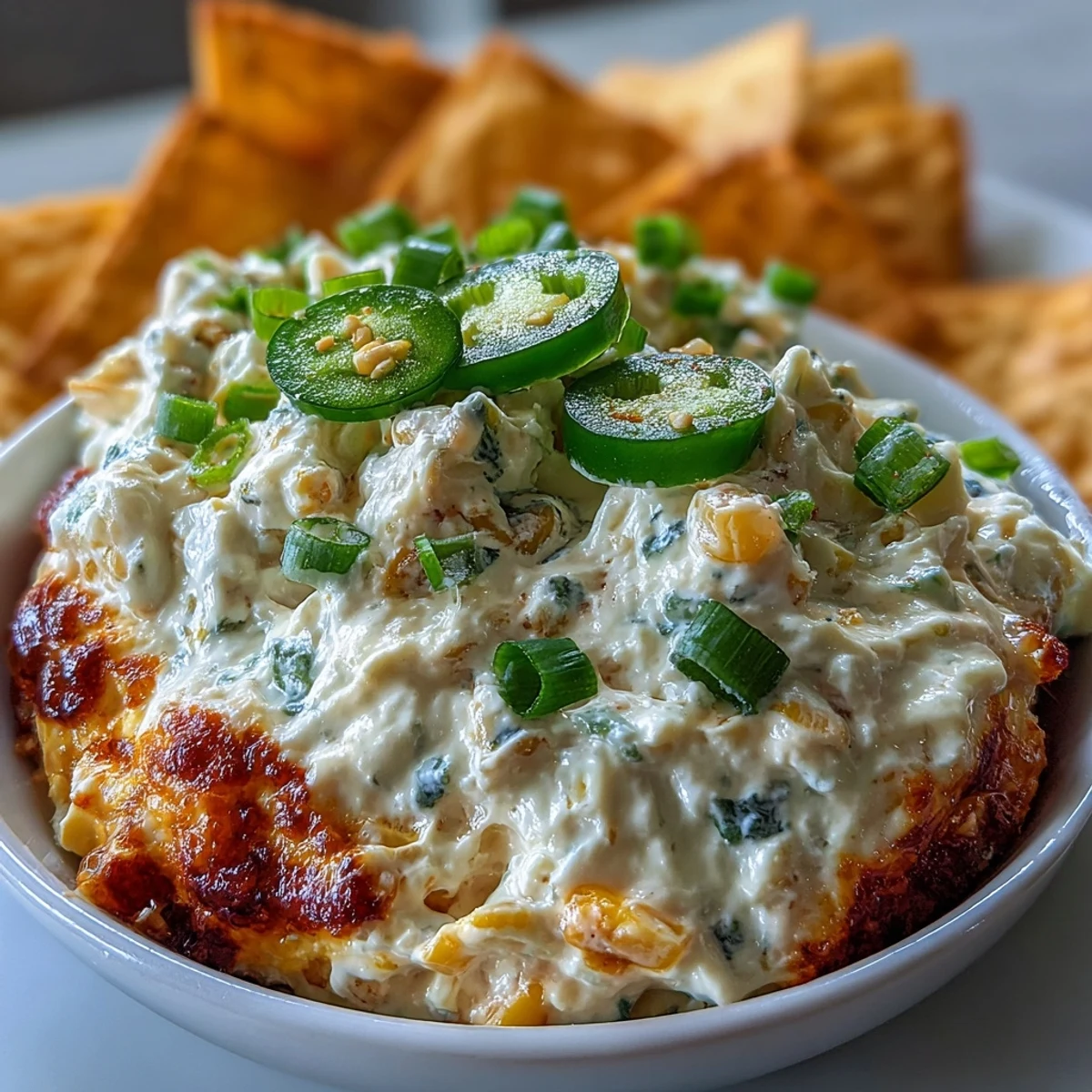 Creamy Crack Corn Dip topped with green onions and jalapeños, featuring sweet corn and cheddar, served with crispy tortilla chips at a party.