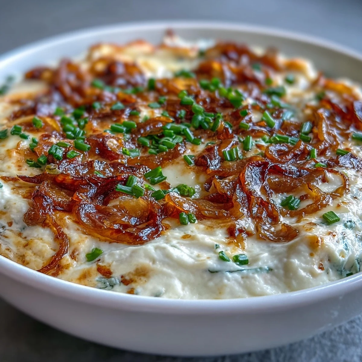 Warm Smoked Gouda & Onion Dip is served with crunchy tortilla chips and crisp fresh vegetables.