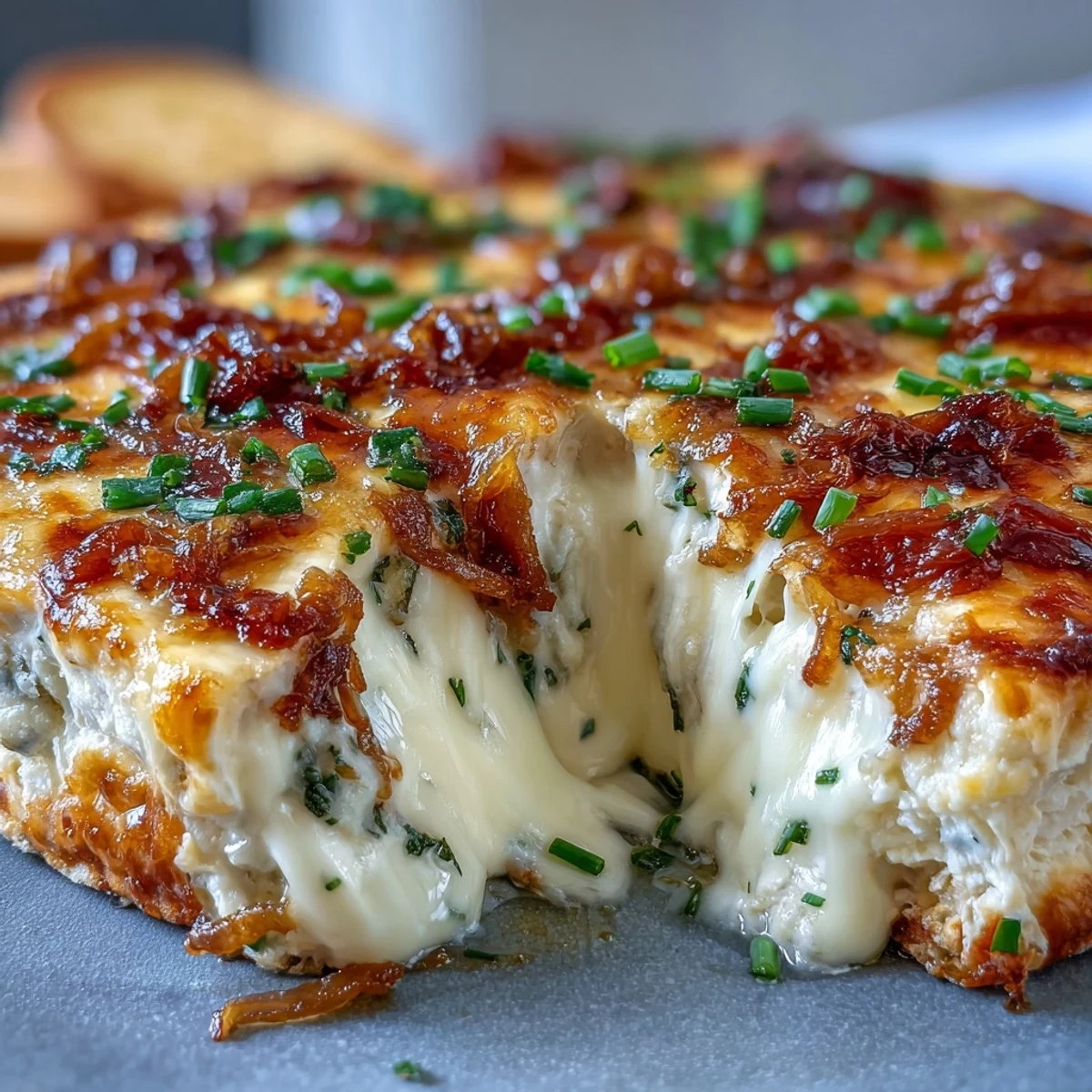 A creamy Smoked Gouda & Onion Dip features melted cheese, caramelized onions, and a golden-brown top.