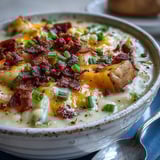 Garnished loaded potato soup topped with green onions, extra cheese, and sour cream swirls.