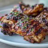 Juicy honey garlic grilled chicken thighs with a sticky, caramelized glaze on a hot grill.